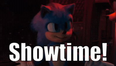 A Picture Of Sonic The Hedgehog With The Words Showtime Behind Him GIF