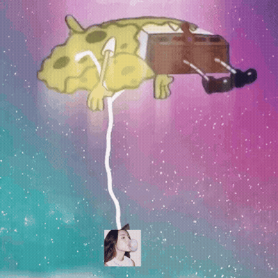 A Picture Of Spongebob And A Picture Of A Girl Blowing A Bubble GIF
