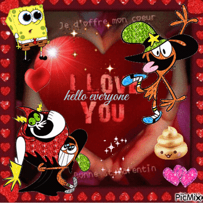 A Picture Of Spongebob And Other Cartoon Characters With The Words " I Love Everyone You " GIF