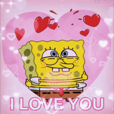 A Picture Of Spongebob Saying I Love You With Hearts Surrounding Him GIF
