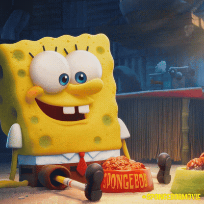 A Picture Of Spongebob Sitting Next To A Bowl Of Spongebob Food GIF