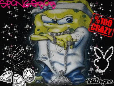 A Picture Of Spongebob Wearing A Hoodie And A Necklace With The Words Spongebob % 100 Crazy On The Bottom GIF