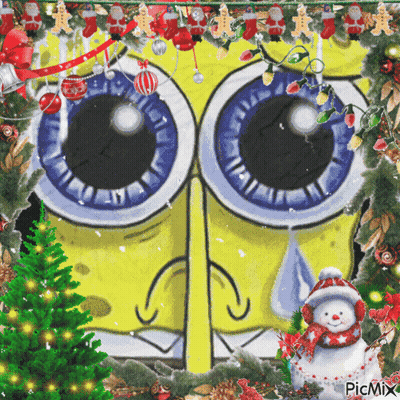 A Picture Of Spongebob With A Christmas Tree And A Snowman GIF
