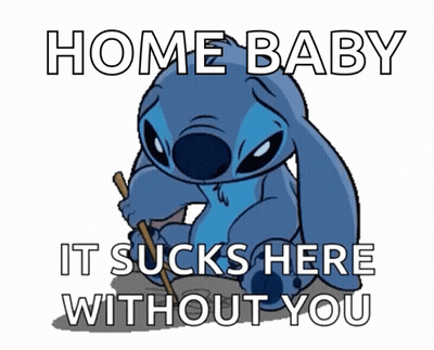A Picture Of Stitch Holding A Stick With The Words Home Baby It Sucks Here Without You GIF
