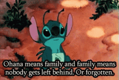 A Picture Of Stitch With A Quote That Says Ohana Means Family And Family Means Nobody Gets Left Behind GIF