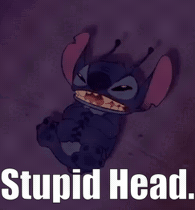 A Picture Of Stitch With The Words Stupid Head On The Bottom GIF