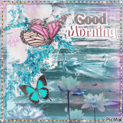 A Picture Of Swans And Butterflies With The Words Good Morning GIF