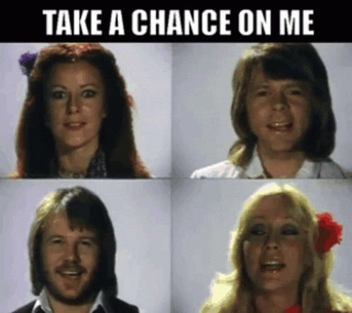 A Picture Of The Abba Band With The Words Take A Chance On Me GIF