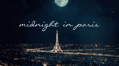 A Picture Of The Eiffel Tower At Night With The Words Midnight In Paris Above It GIF