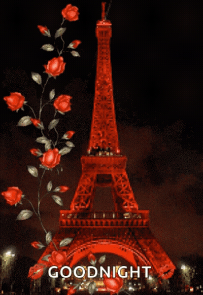 A Picture Of The Eiffel Tower With Red Roses And The Words Goodnight On The Bottom GIF