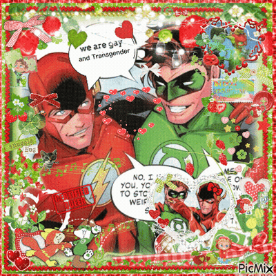A Picture Of The Flash And Green Lantern With A Speech Bubble Saying We Are Gay And Transgender GIF