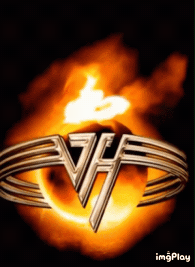 A Picture Of The Van Halen Band Logo On A Fire Background GIF