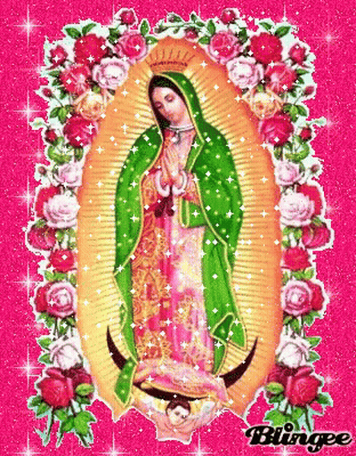 A Picture Of The Virgin Mary Is Surrounded By Flowers On A Pink Background . GIF