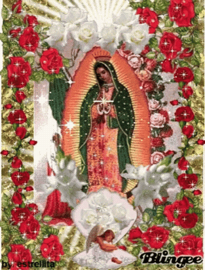 A Picture Of The Virgin Mary Is Surrounded By Red Roses And White Flowers GIF