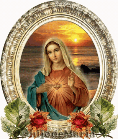 A Picture Of The Virgin Mary With A Sunset In The Background Is Surrounded By Flowers And Leaves GIF