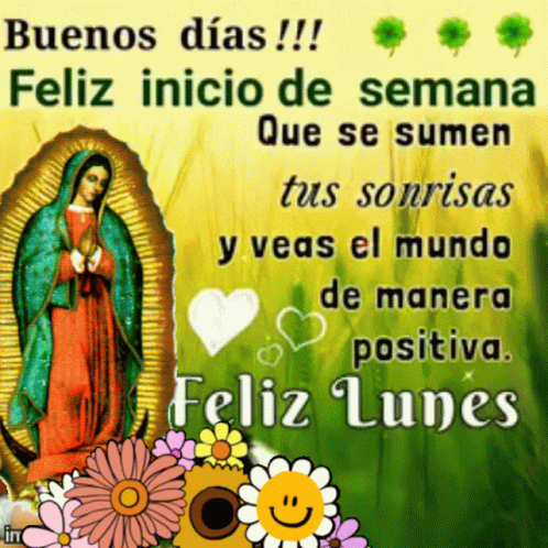 A Picture Of The Virgin Mary With Flowers And The Words Buenos Dias GIF