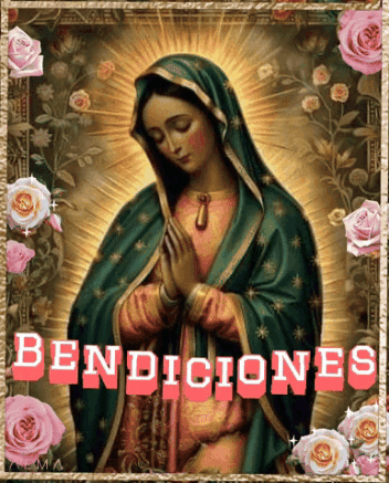 A Picture Of The Virgin Mary With The Words Bendiciones Written On It GIF