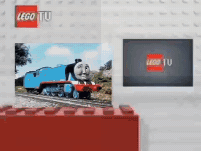A Picture Of Thomas The Tank Engine On A Lego Tv Screen GIF