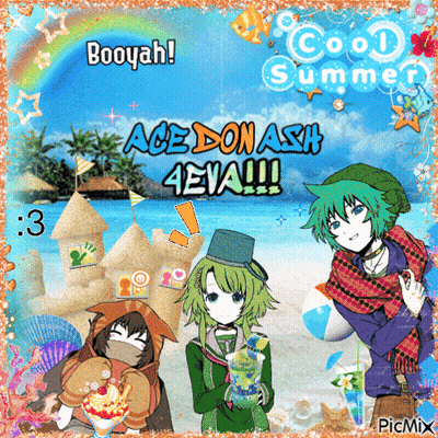 A Picture Of Three Anime Characters On A Beach With The Words Booyah Ace Donash 4Eva GIF
