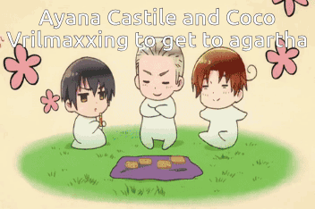A Picture Of Three Anime Characters With The Words " Ayana Castile And Coco Virilmaxxing To Get To Agartha " GIF