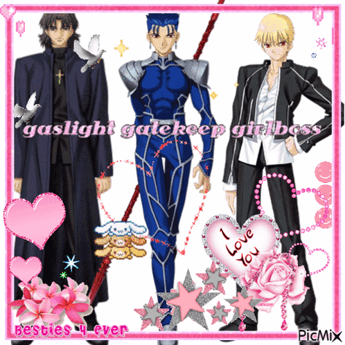 A Picture Of Three Anime Characters With The Words Gaslight Gatekeep Girl Boss On The Bottom GIF