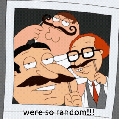 A Picture Of Three Cartoon Characters With Fake Mustaches And Glasses With The Caption " Were So Random " GIF