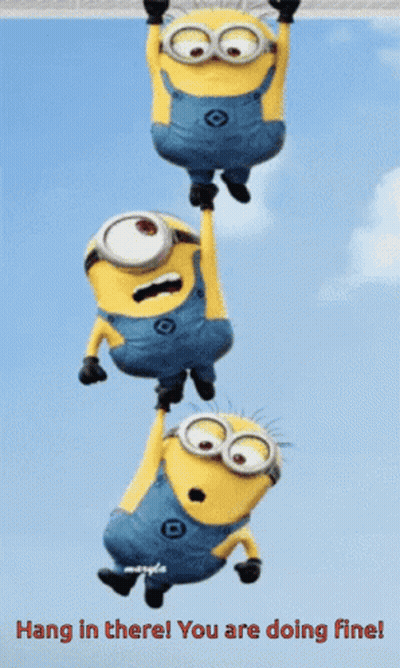 A Picture Of Three Minions Hanging From A Rope With The Words Hang In There You Are Doing Fine GIF
