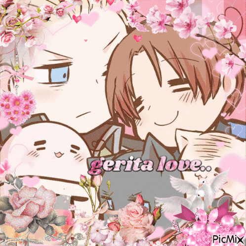 A Picture Of Two Anime Characters Surrounded By Flowers And The Words " Gerta Love " On The Bottom GIF