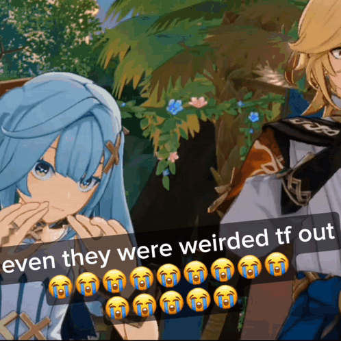 A Picture Of Two Anime Characters With The Caption " Even They Were Weirded Tf Out " On It GIF