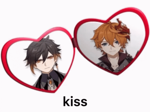 A Picture Of Two Anime Characters With The Word Kiss Underneath Them GIF