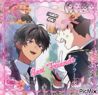 A Picture Of Two Anime Characters With The Words Best Friends Written In Pink GIF