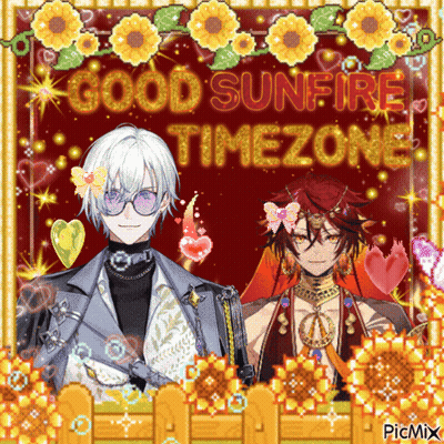 A Picture Of Two Anime Characters With The Words Good Sunfire Timezone Written On It GIF