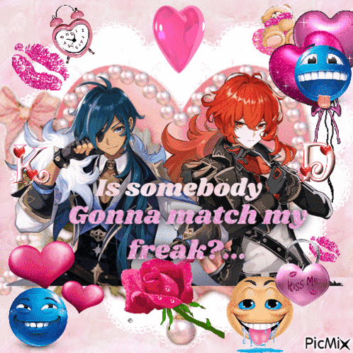 A Picture Of Two Anime Characters With The Words " Is Somebody Gonna Match My Freak " On The Bottom GIF