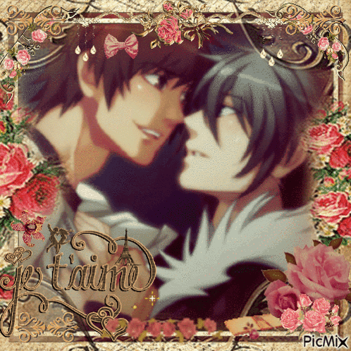 A Picture Of Two Anime Characters With The Words Je T'aime Written In The Corner GIF