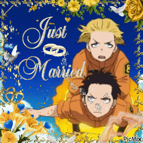 A Picture Of Two Anime Characters With The Words Just Married Written On It GIF