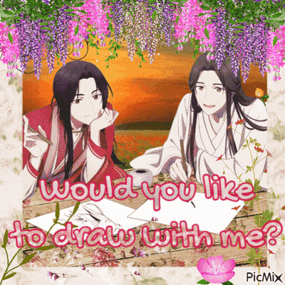 A Picture Of Two Anime Characters With The Words " Would You Like To Draw With Me " On The Bottom GIF