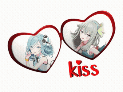 A Picture Of Two Anime Girls In Hearts With The Word Kiss Below Them GIF