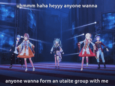 A Picture Of Two Anime Girls With The Caption Uhmm Haha Heyy Anyone Wanna Anyone Wanna Form An Utaite Group GIF
