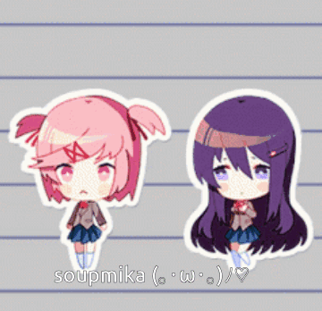 A Picture Of Two Anime Girls With The Name Soupmika On The Bottom Right GIF
