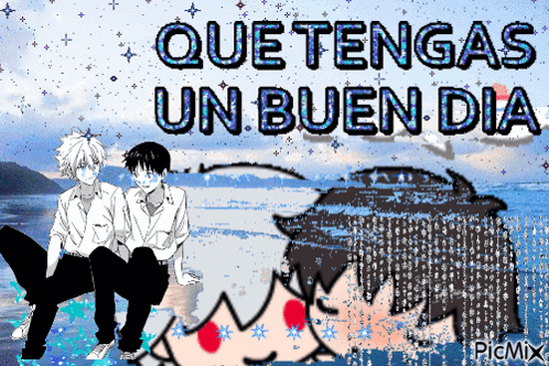 A Picture Of Two Boys Sitting On The Beach With The Words Que Tengas Un Buen Dia GIF