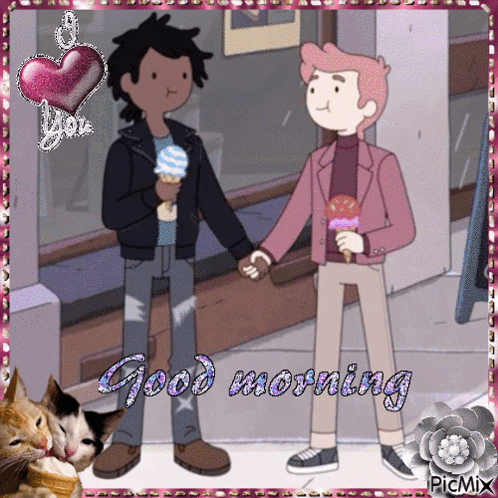 A Picture Of Two Cartoon Characters Holding Hands With The Words " Good Morning " On The Bottom GIF
