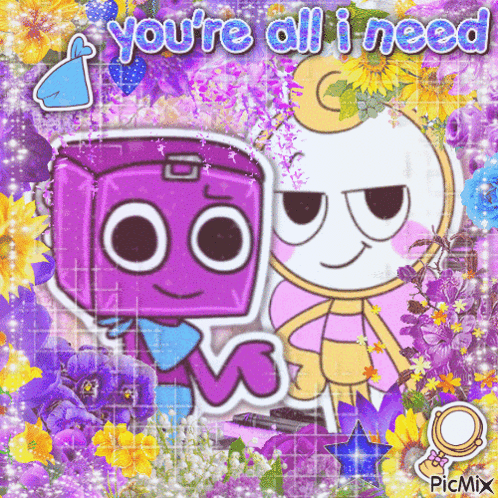 A Picture Of Two Cartoon Characters With The Words " You 'Re All I Need " On It GIF