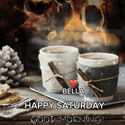 A Picture Of Two Cups Of Coffee With The Words Bella Happy Saturday GIF