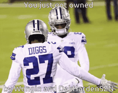 A Picture Of Two Football Players With The Caption " You Just Got Owned By Wungin And Dakhardenszn " GIF