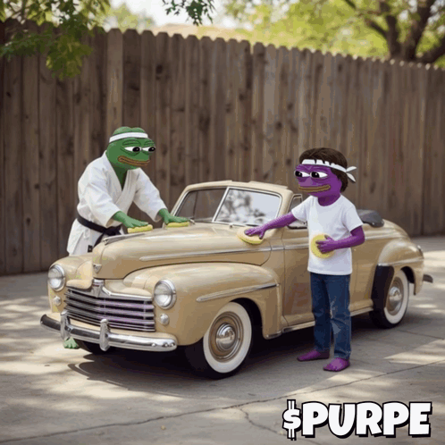 A Picture Of Two Frogs Washing A Car With The Word Purpe Underneath GIF