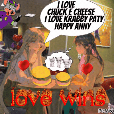 a picture of two girls sitting at a table with a speech bubble that says i love chuck e cheese