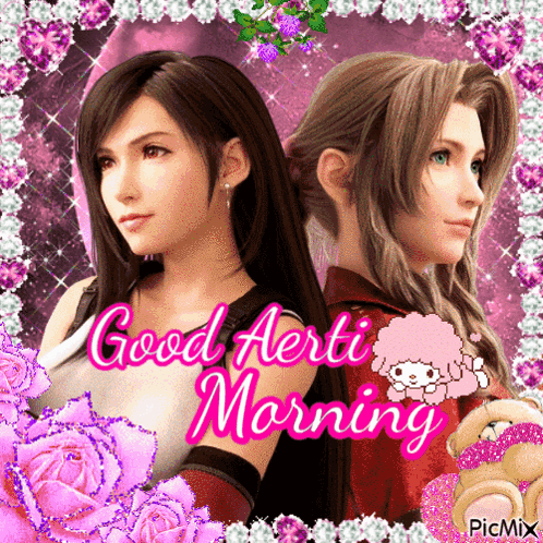 A Picture Of Two Girls With The Words Good Alerti Morning On It GIF