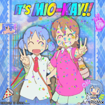 A Picture Of Two Girls With The Words It 'S Mio-Kay Written On It GIF