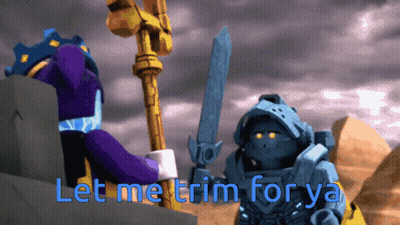 A Picture Of Two Lego Characters With The Words " Let Me Trim For Ya " GIF