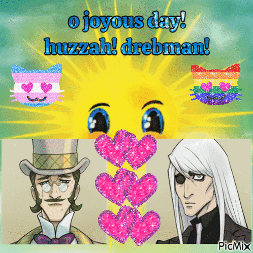 A Picture Of Two Men And A Sun That Says O Joyous Day Huzzah Drebman GIF